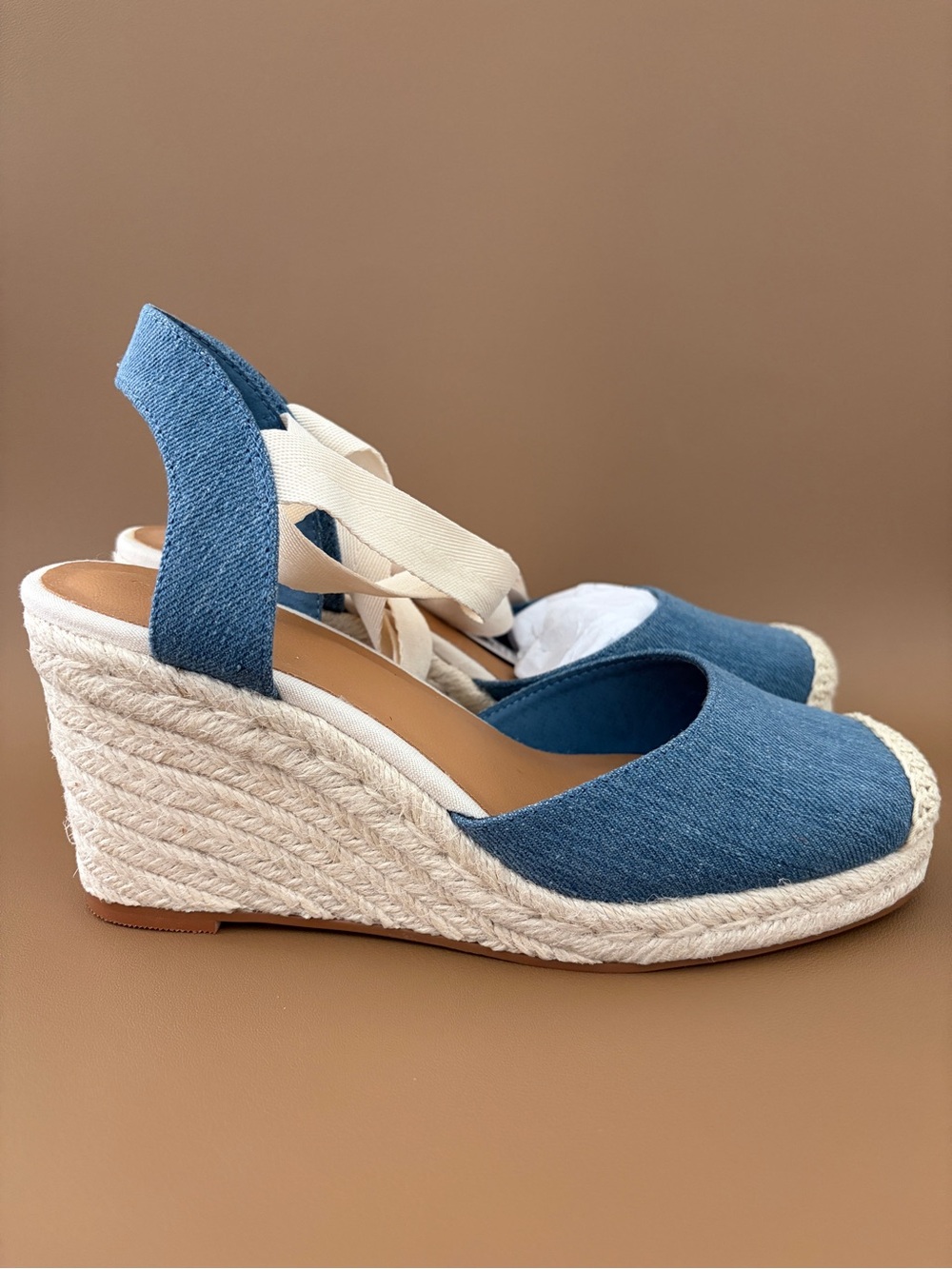 GAP Blue Denim Espadrille Wedges with Cream Tie - Picture 3 of 4